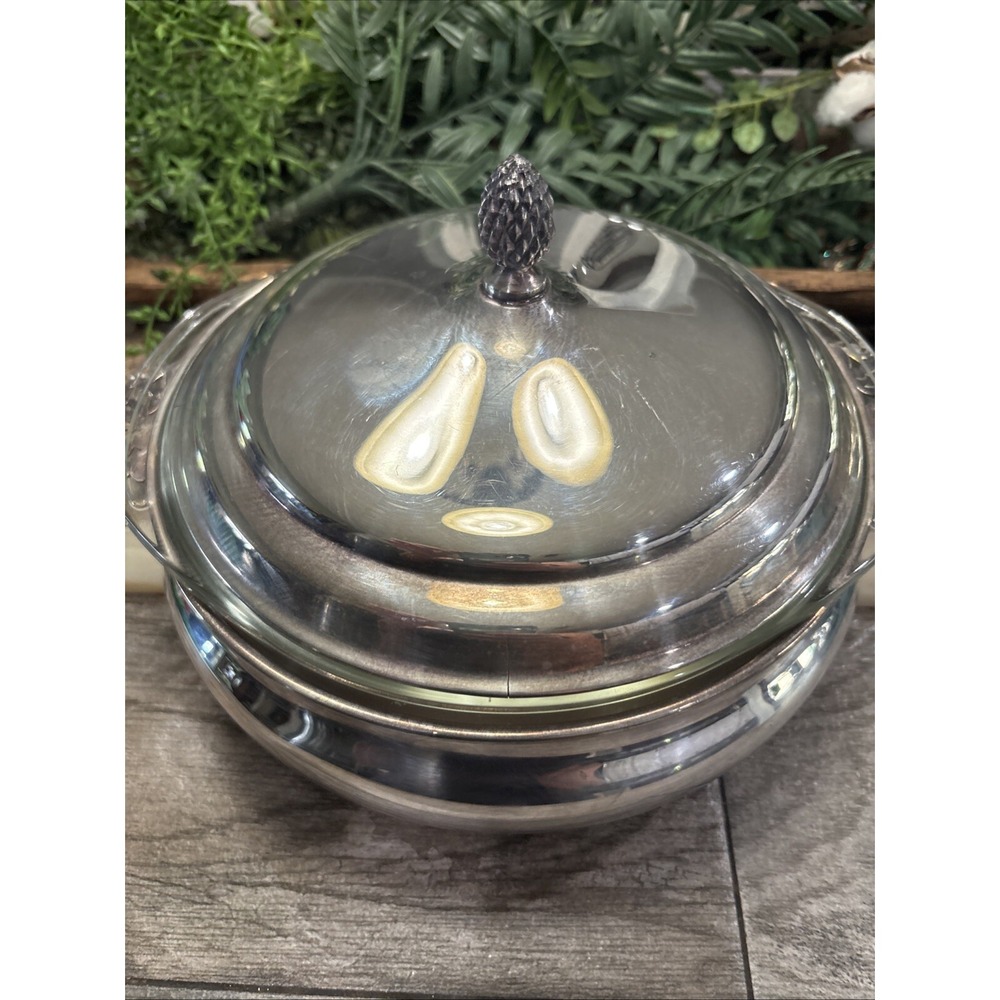 Vintage Sheffield Silver Plate Covered Casserole with 3 Qt Pyrex Bowl